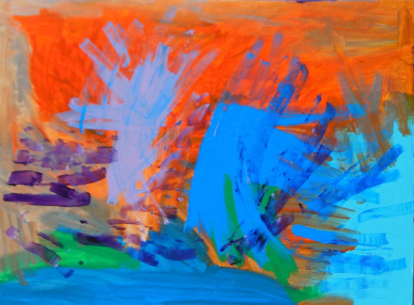 An abstract painting by Wiley Johnson featuring orange, yellow, blues, greens, and purple