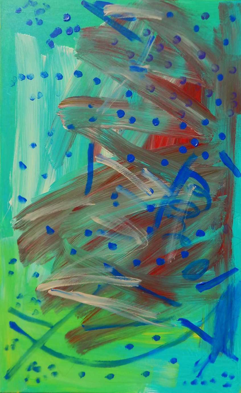 An abstract painting by Wiley Johnson featuring blues and greens with red on top and blue dots covering the entire painting