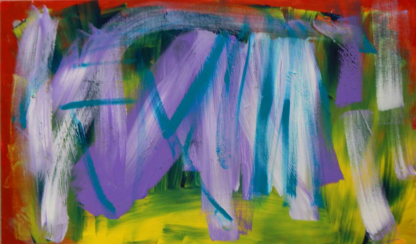 An abstract painting by Wiley Johnson featuring a red and yellow outline with vertical blue, white and purple strokes in the middle