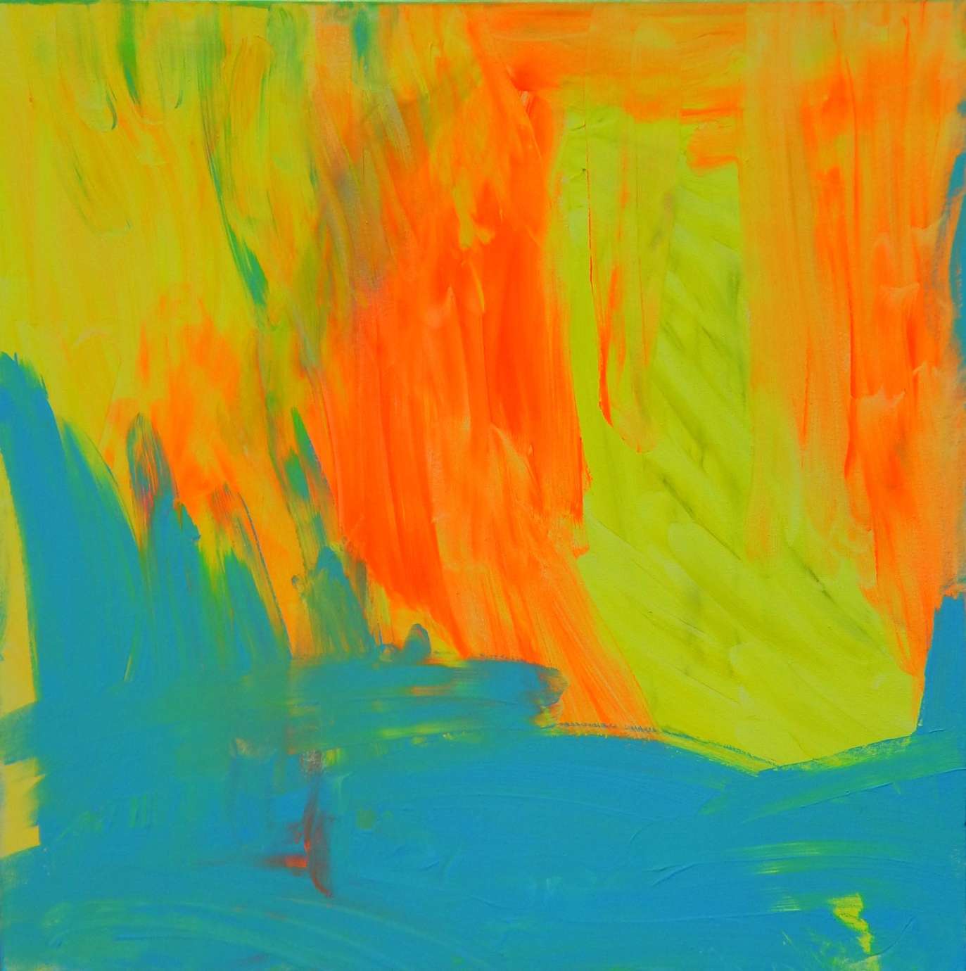 An abstract painting by Wiley Johnson featuring teal on the bottom and bright neon yellow and orange at the top