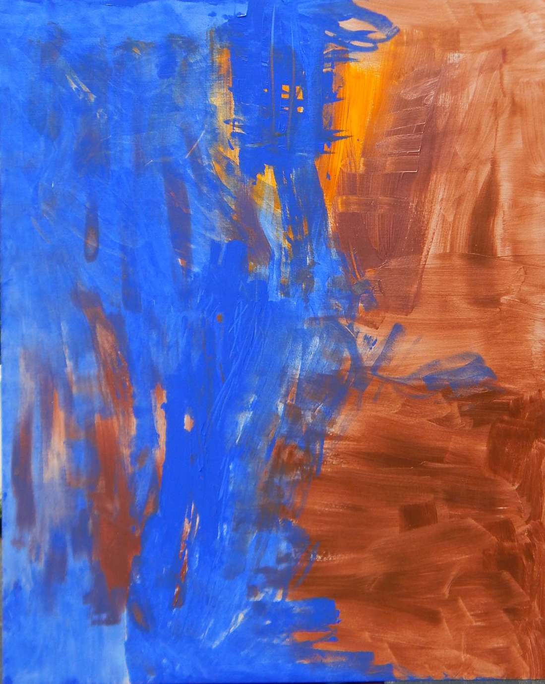 An abstract painting by Wiley Johnson featuring blue on the left and orange on the right meeting in the middle
