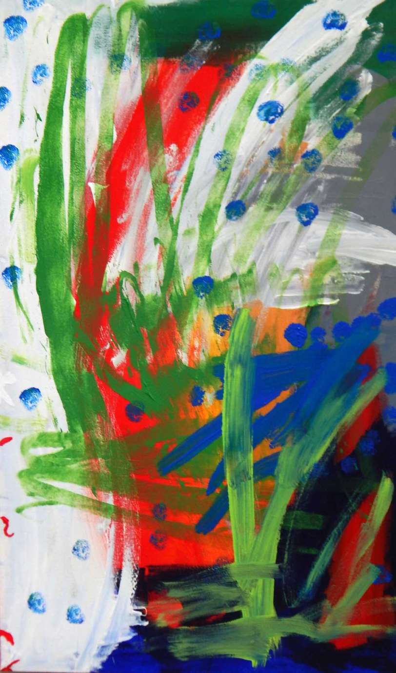 An abstract painting by Wiley Johnson featuring vertical, curved strokes of blue, red, green, white, and black with blue dots on the entire painting