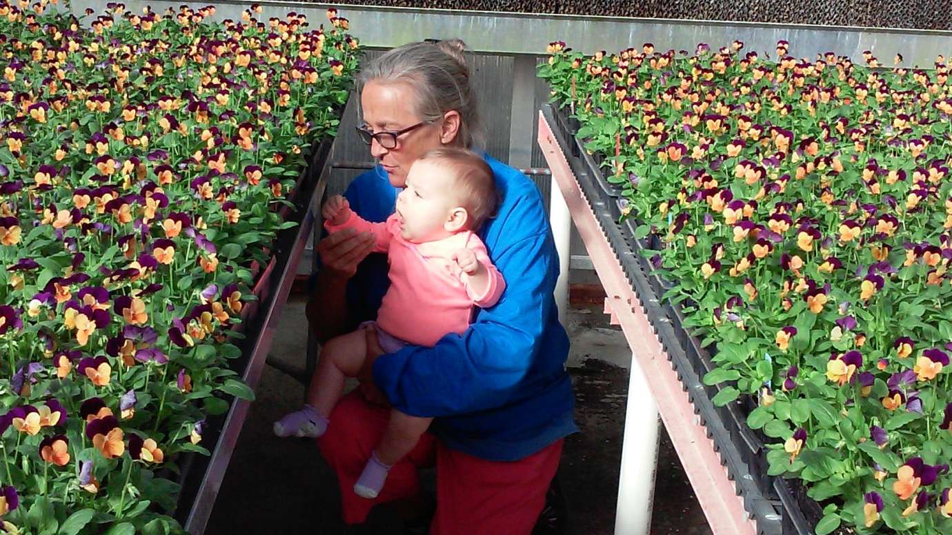 Gretchen Sedaris holds a child while looking at pansies.