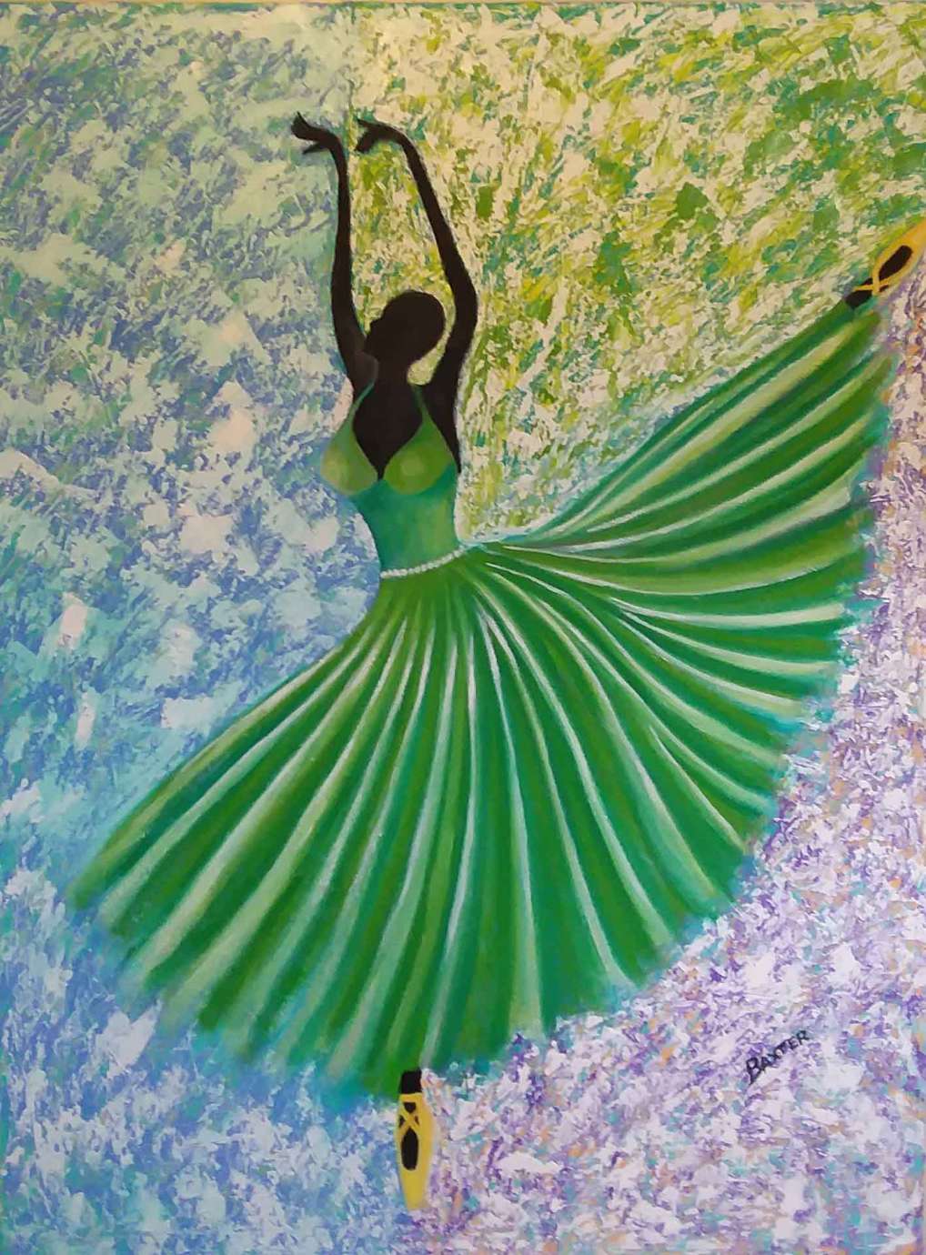 A painting by Edward Baxter of a dancer in a green dress with a blue, purple, and green background