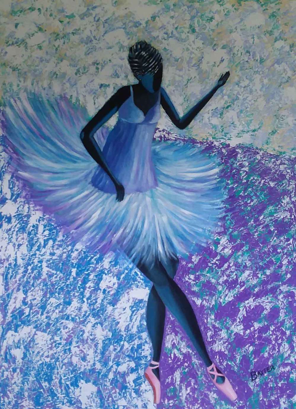 A painting by Edward Baxter of a ballet dancer in blue, purple, black and green