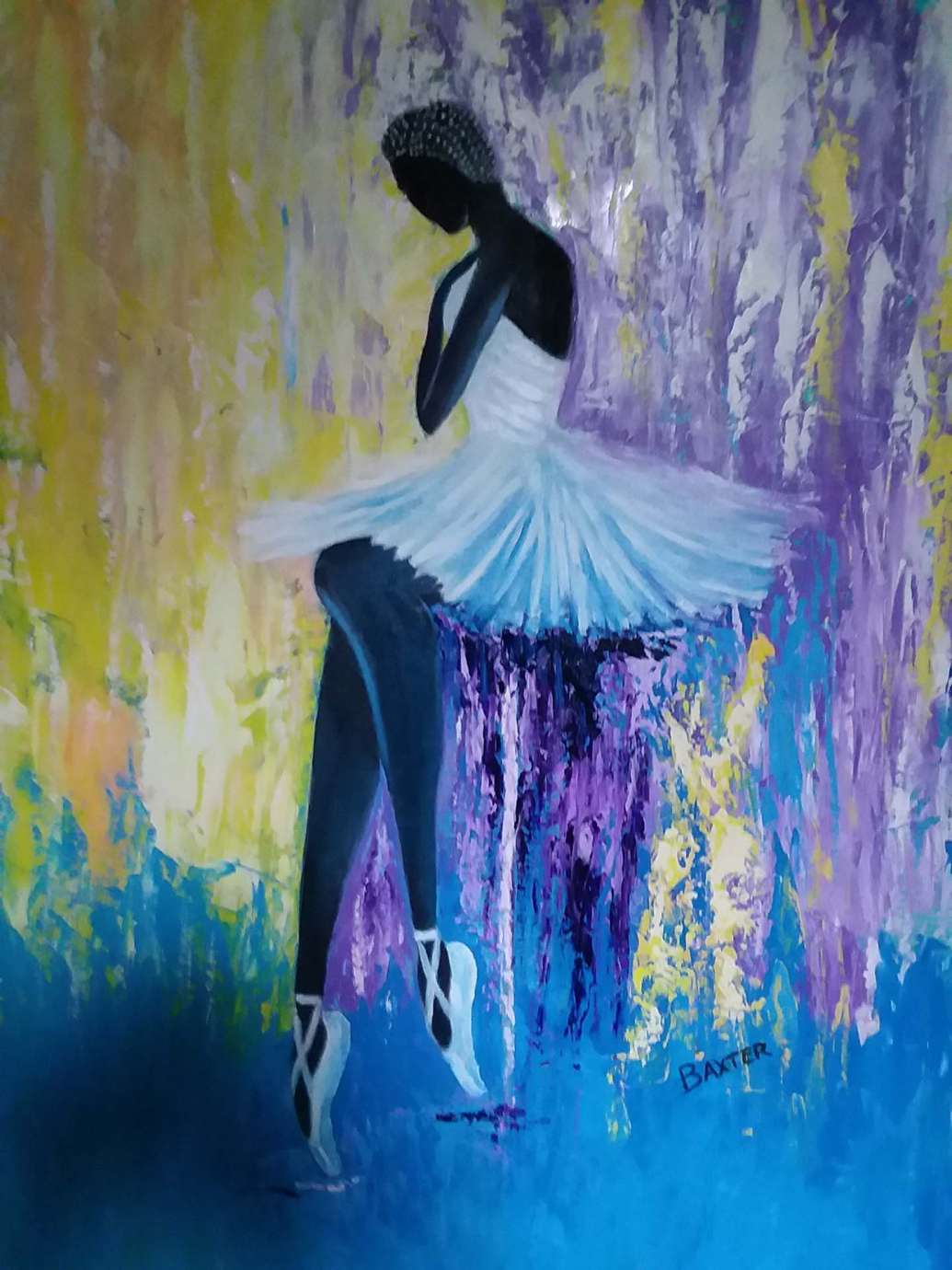 A painting of a ballet dancer with a yellow, purple and blue background