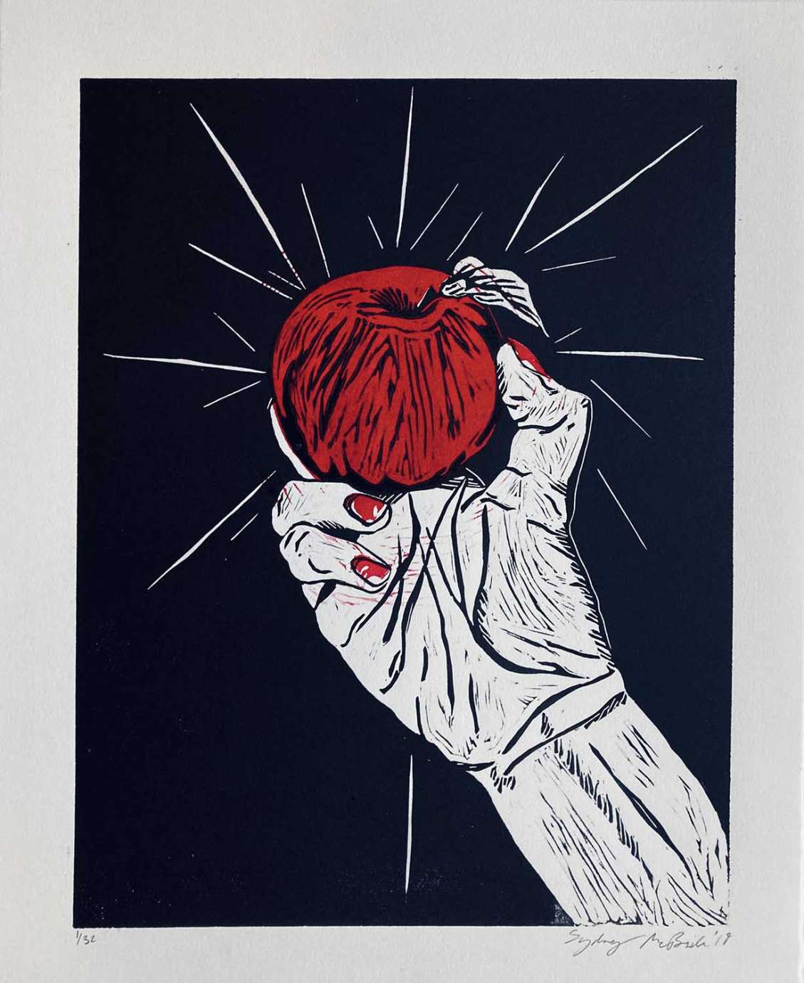 Print by Sydney McBride of a hand holding a red apple in front of a black background