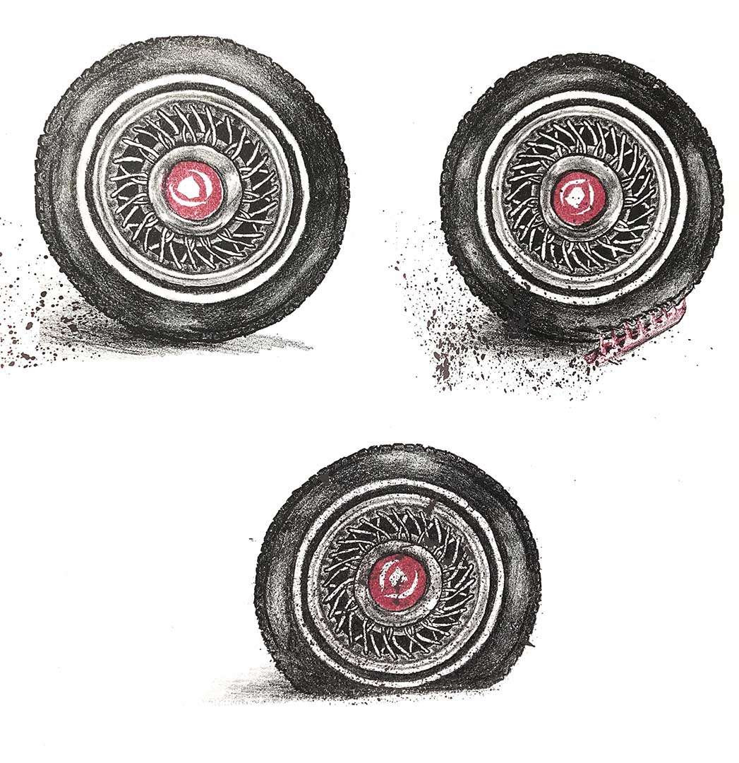 A print by Sydney McBride of three phases of a tire running over spikes