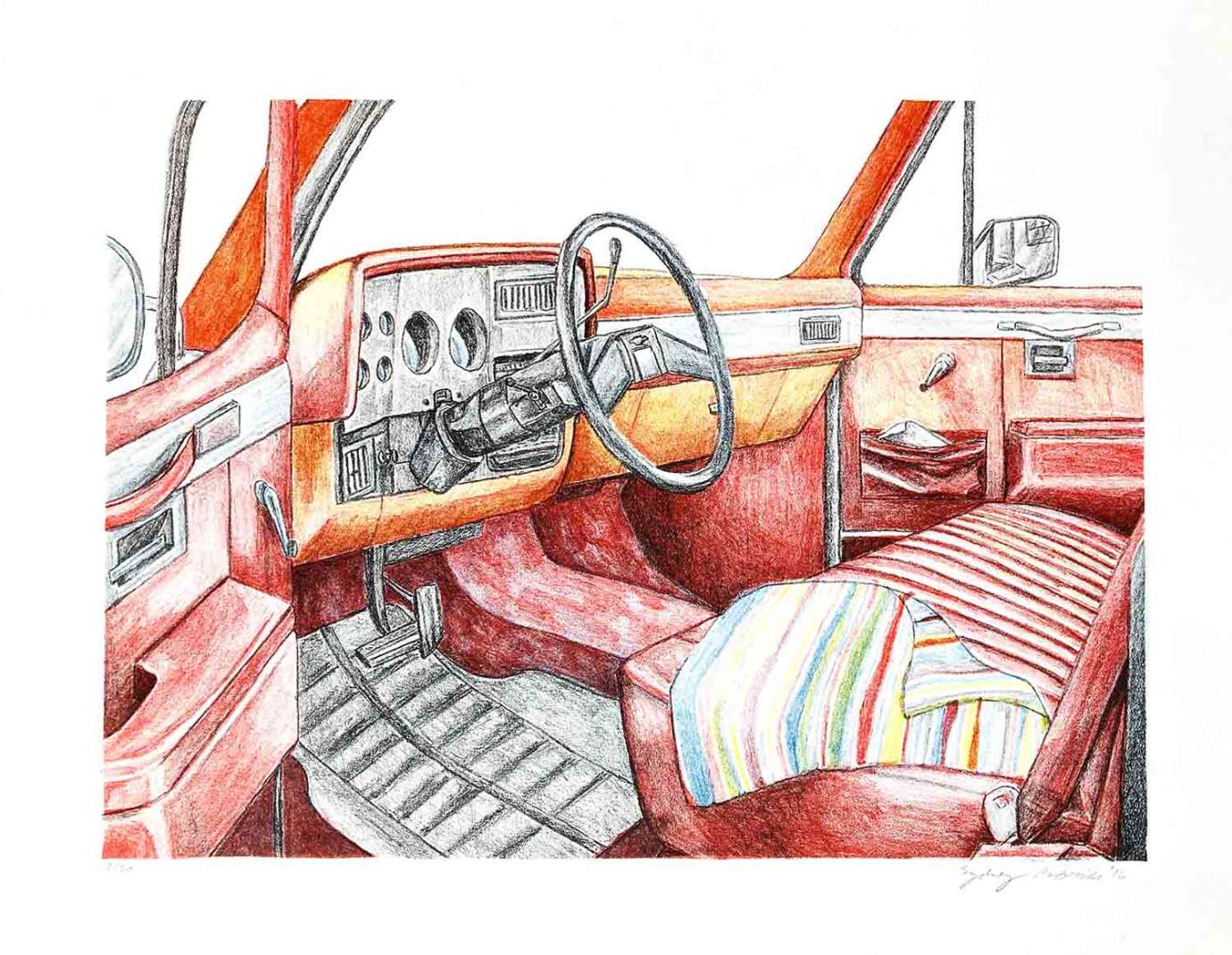 A print by Sydney McBride of the red interior of a car