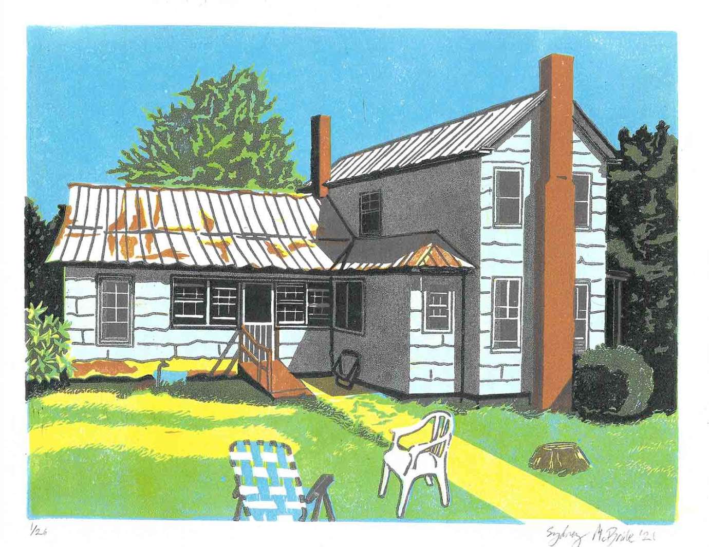 A print by Sydney McBride of a white farmhouse with a rusting metal roof set on a bright green lawn