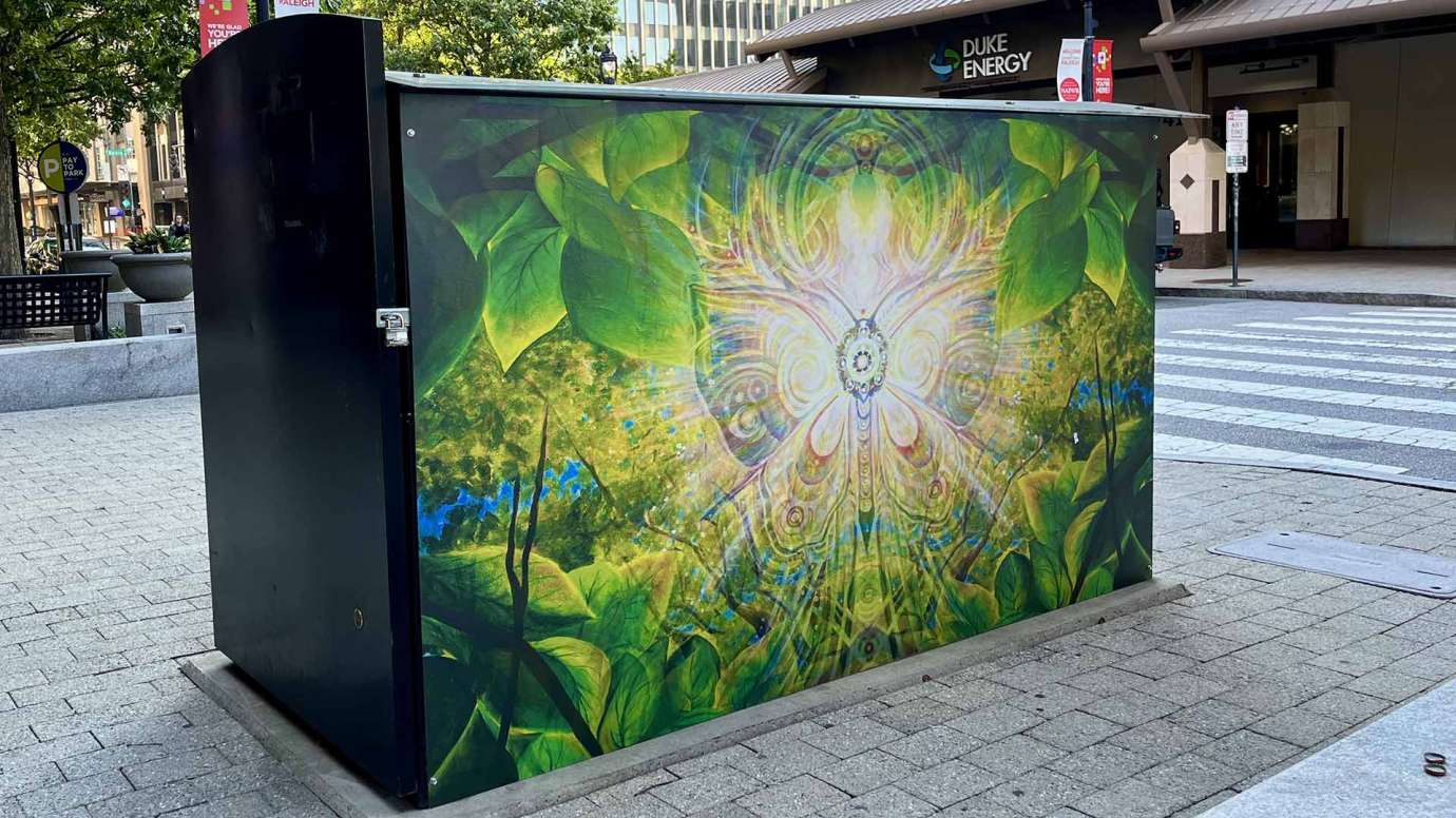 Artwork on a new stand kiosk on Fayetteville street in downtown Raleigh