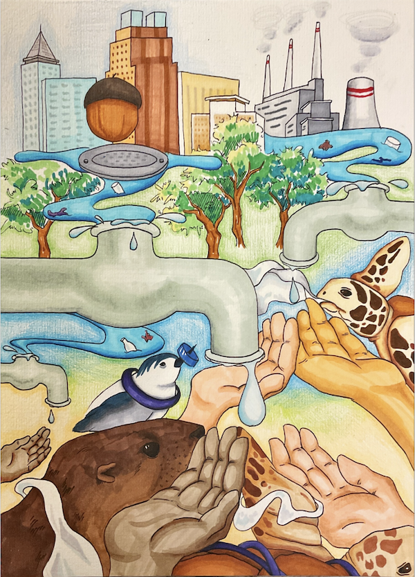 Artwork shows city skyline with water faucets leaking water, human hands catching droplets, and animals reaching for droplets with a river in background.