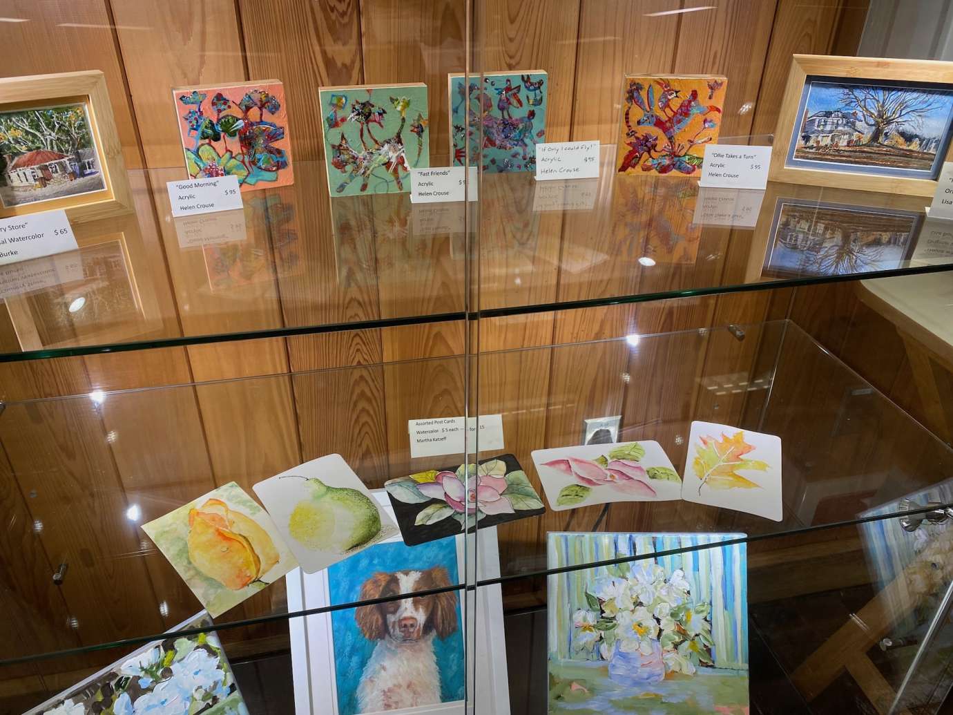 Sertoma Park Artist Association Exhibition - small arcylic and watercolor pieces sitting in a display case