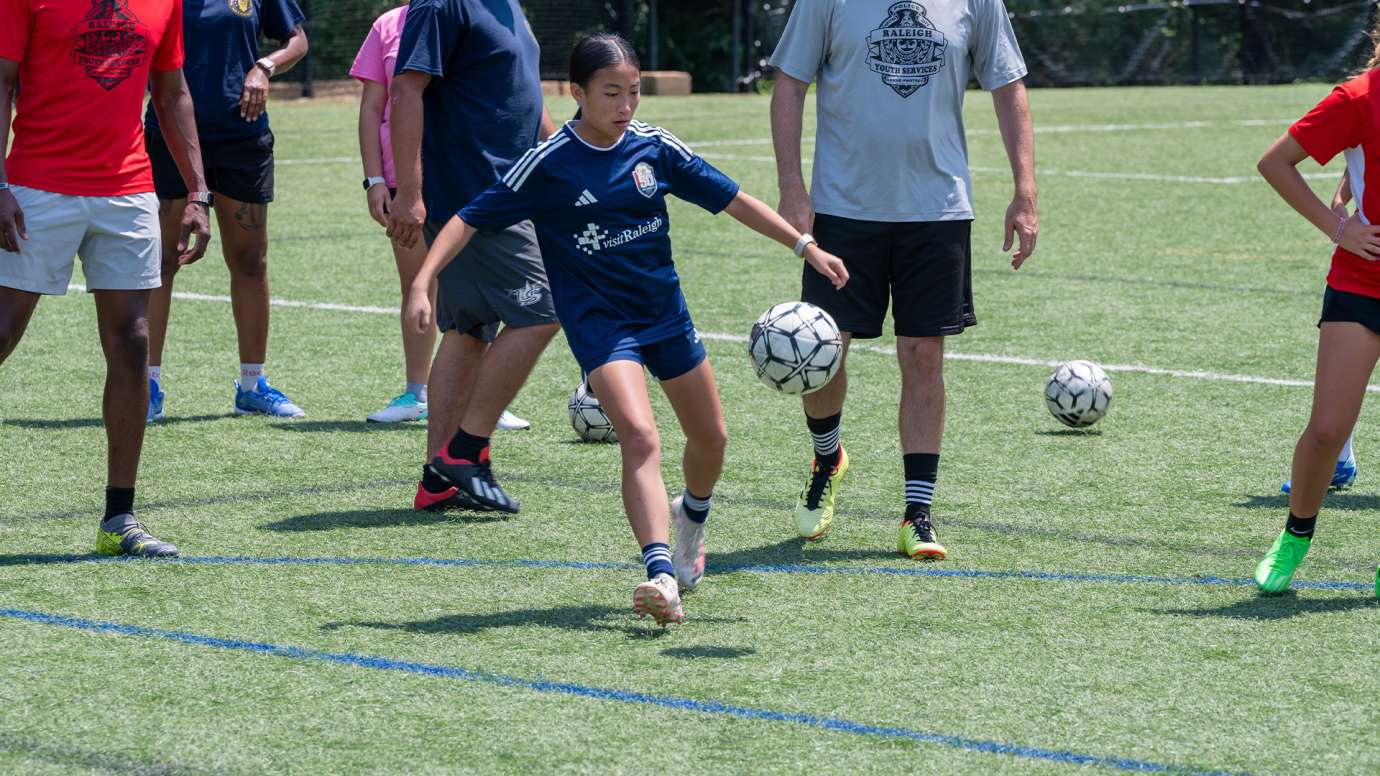 Soccer player kicking soccer ball