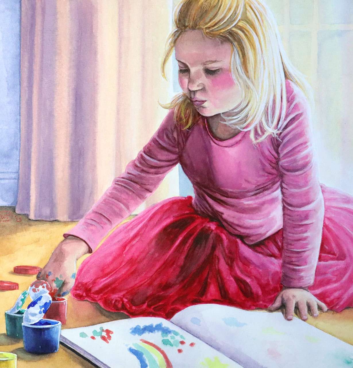 Painting of a young girl with blond hair painting in a bright pink dress. 