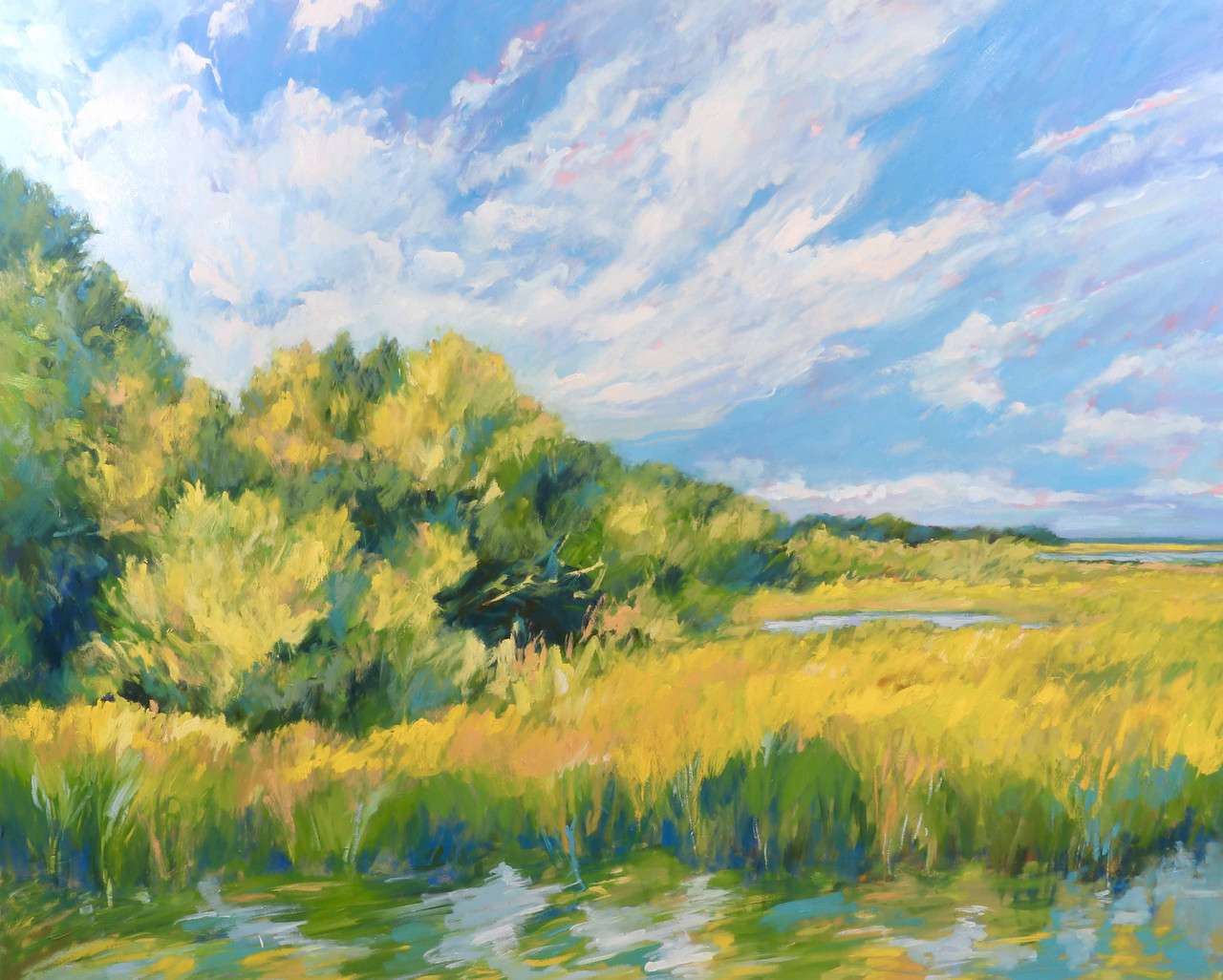 Painting of a grassy landscape on a bright sunny day. 