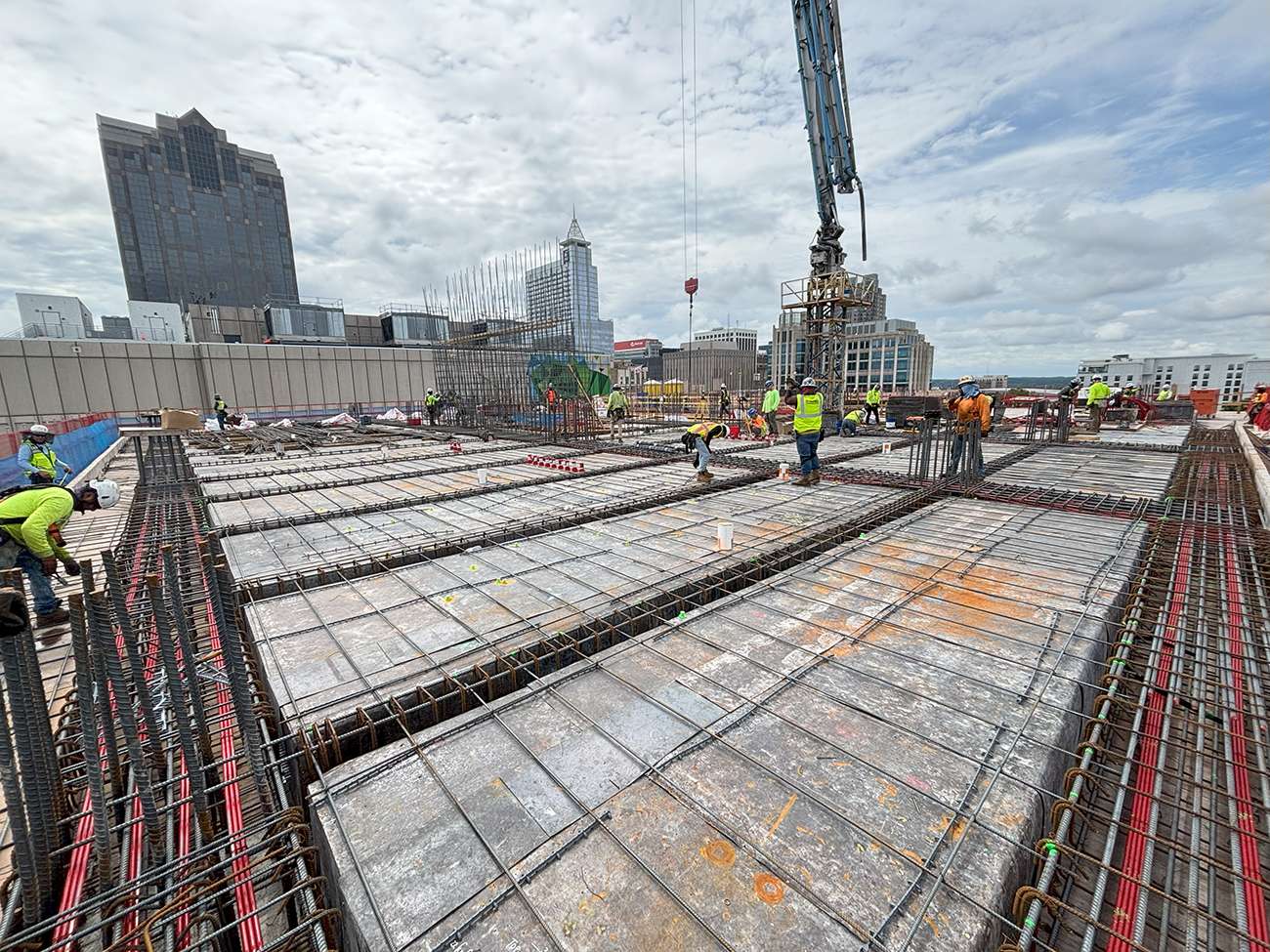 the top of the 6th floor of the new City Hall building during construction, view is towards Fayetteville Street 