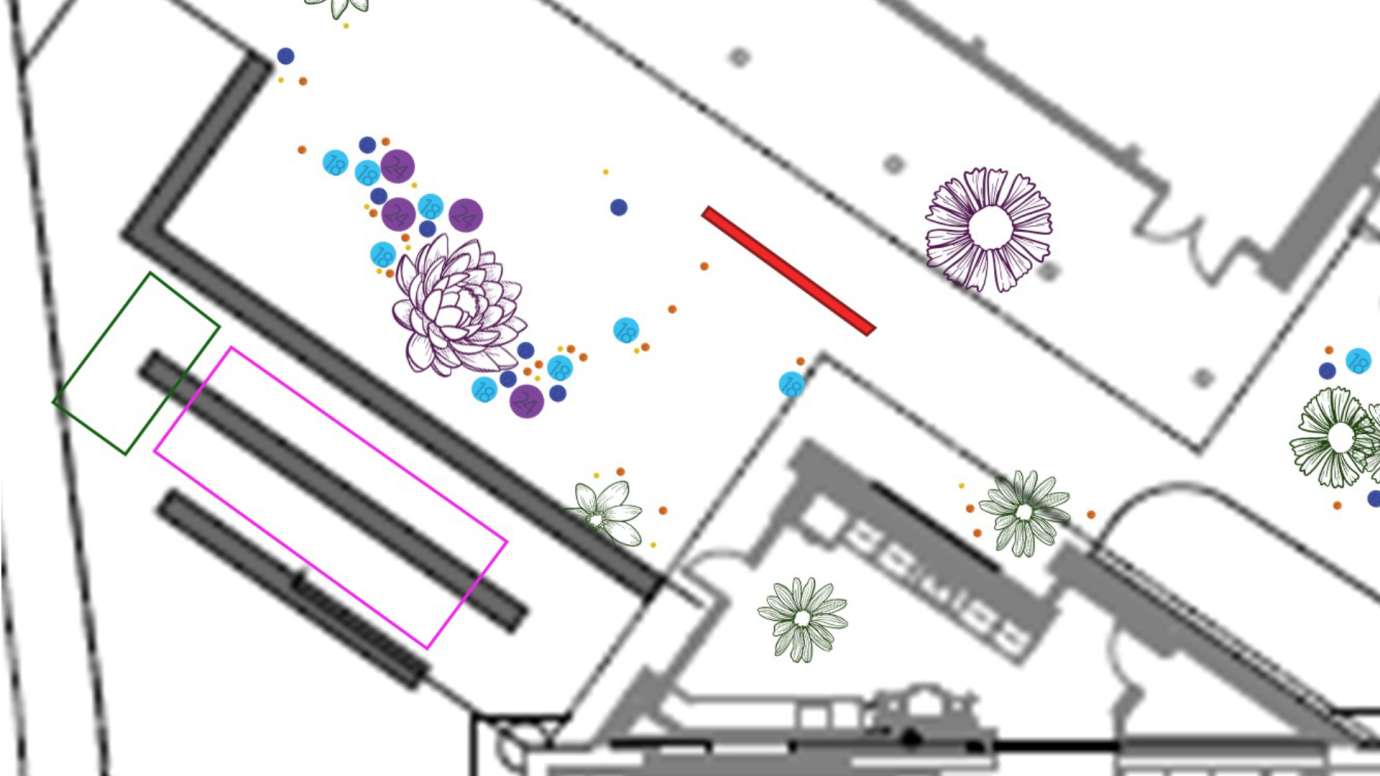 Concept Design showing metal flowers scattered across a plaza