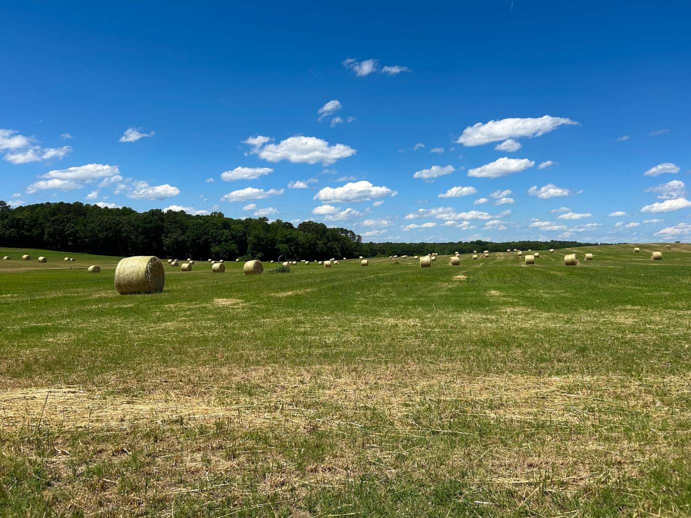Wide open farmland with bales of hay in the fields