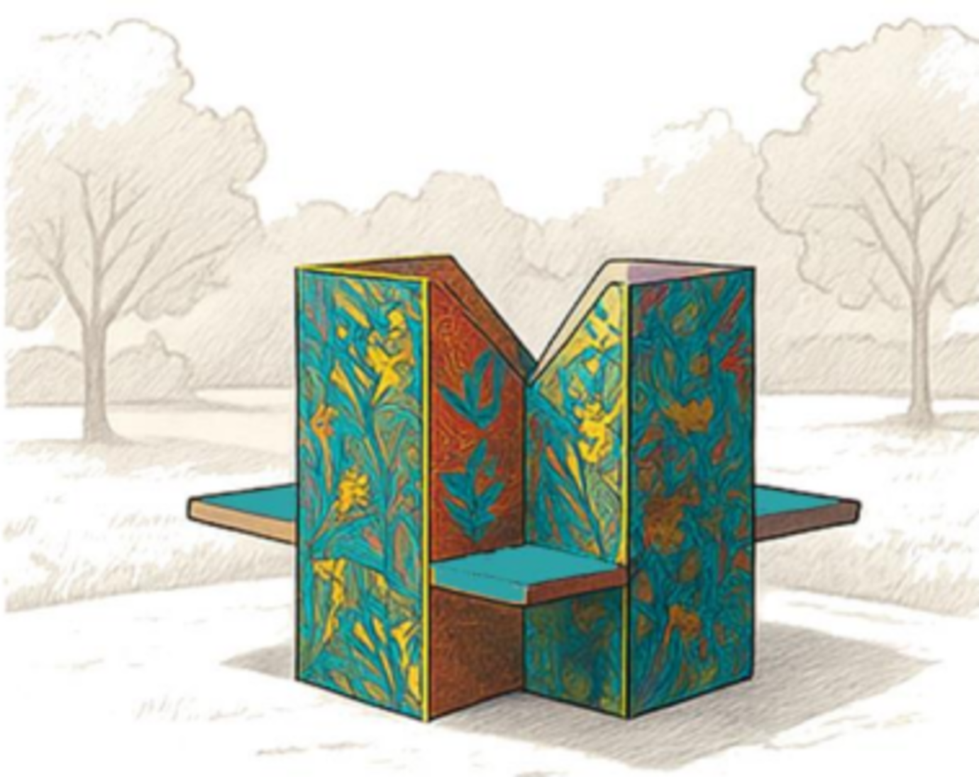 A sculptural form shaped like a cube with cutout shapes for seating.