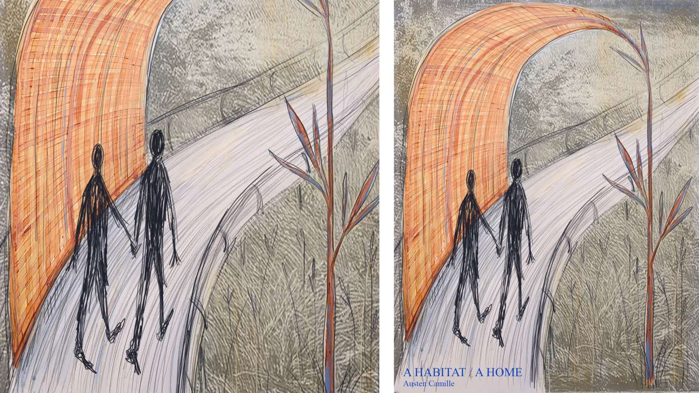 Illustration showing a sweeping structure of metal reeds soaring over two figures as they walk on a boardwalk.