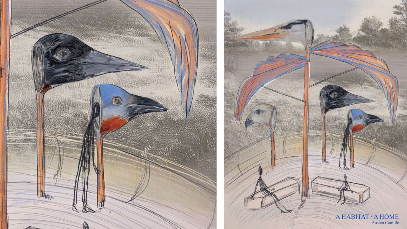 An illustration shows large, fantastical bird heads on long poles over a boardwalk