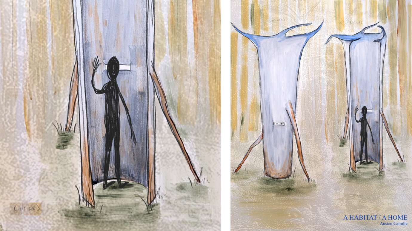 An illustration shows a figure peeking through a slit on a tall metal structure.