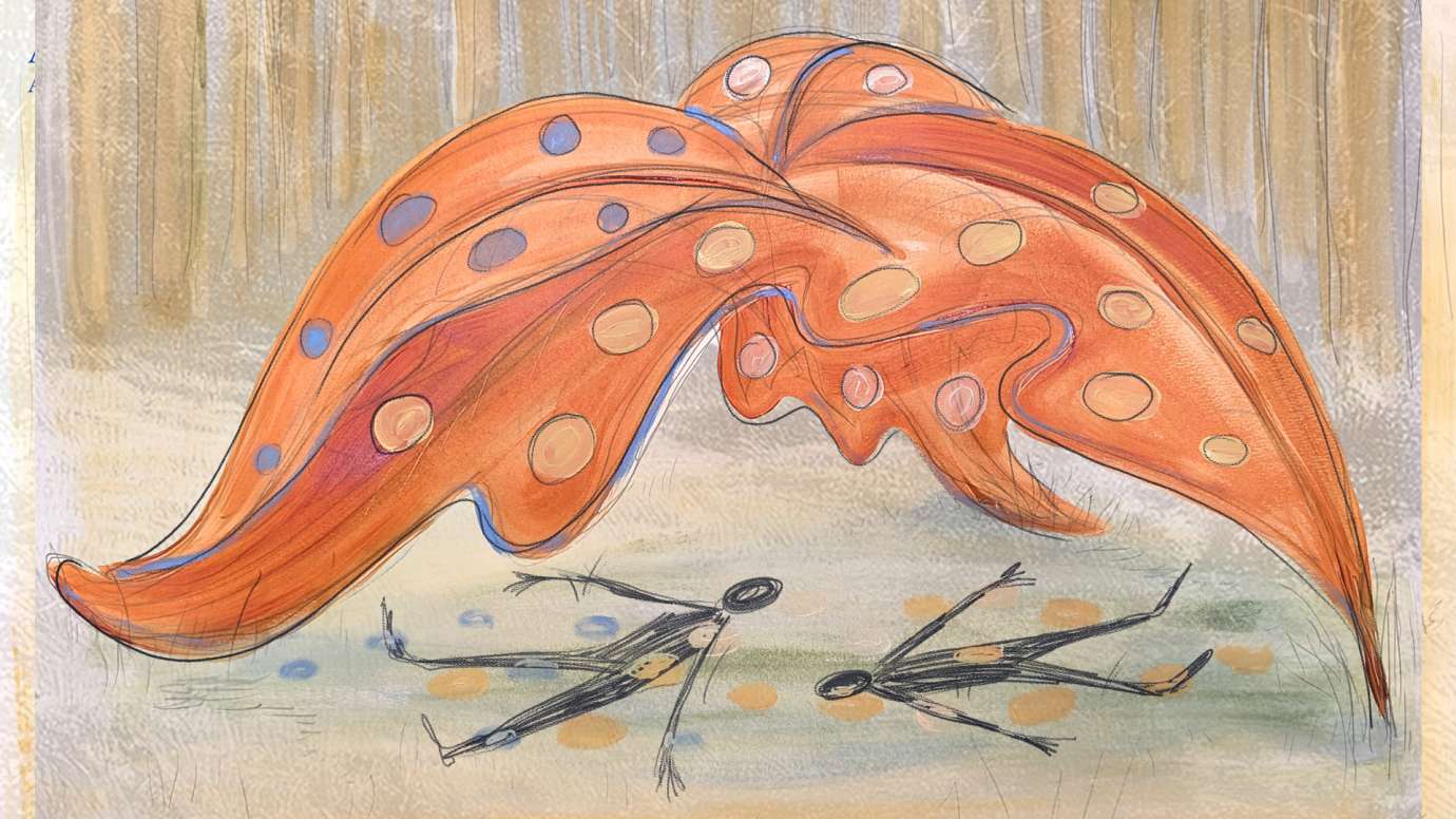 An illustration shows two figures resting under a large leaf shaped structure
