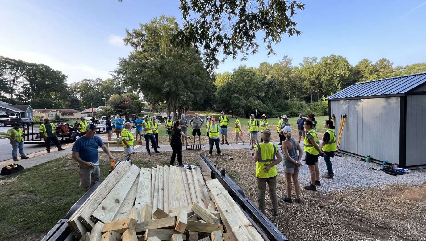 volunteers building garden boxes