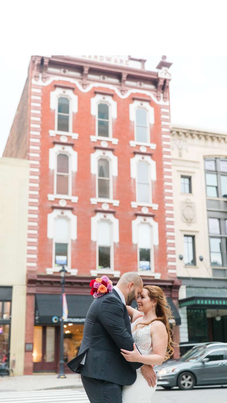 a couple outside COR on wedding day