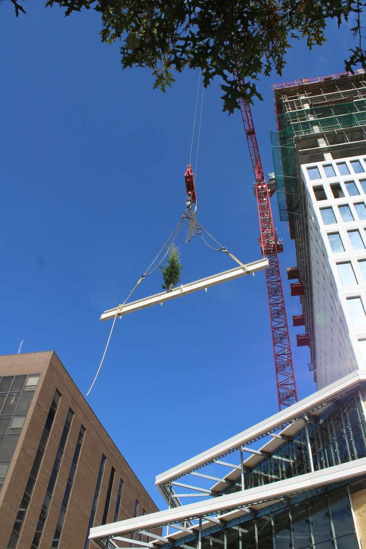 Image of topping out beam rising in the air. 