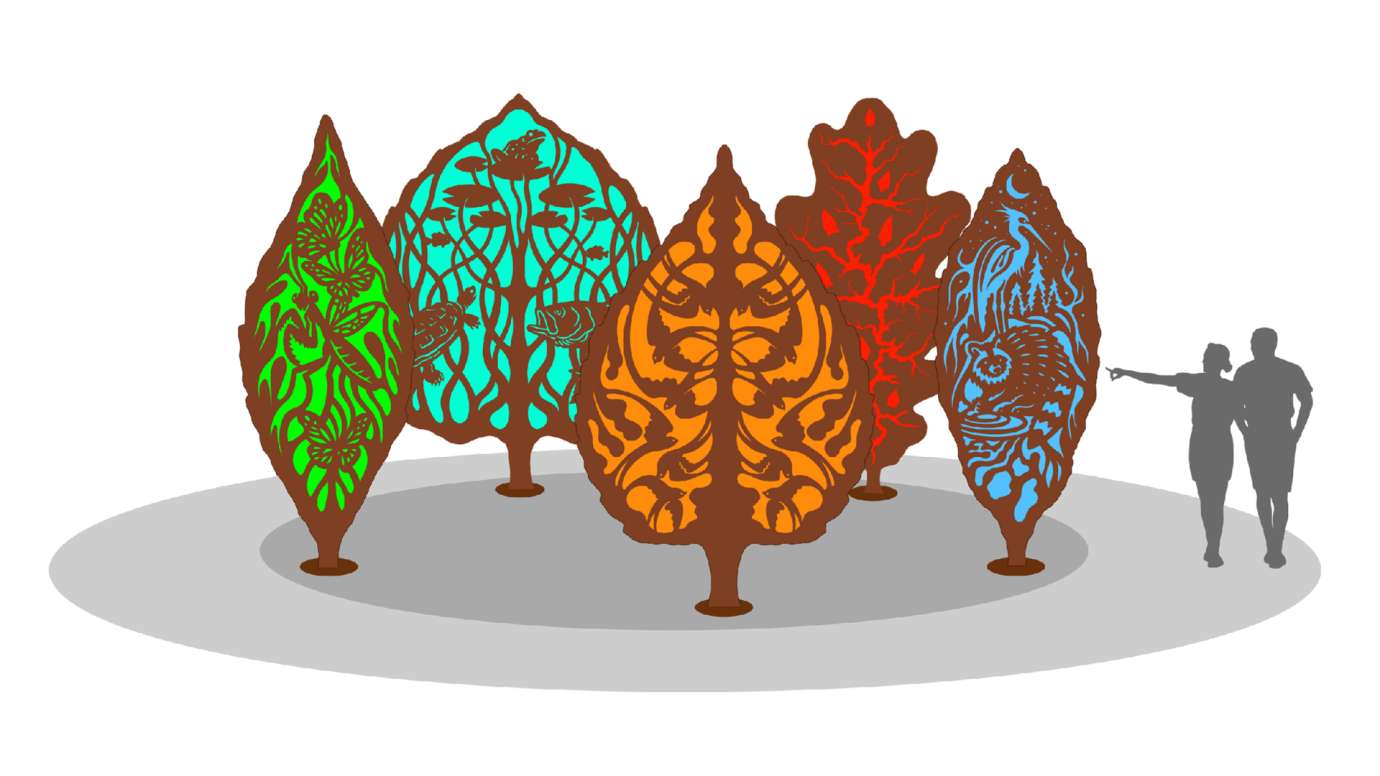 Proposed art for Neuse River Park, showing 5 leaf designs made of metal and acrylic