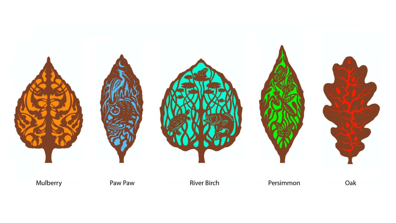 Five leaf designs with flora and fauna cutouts inside.