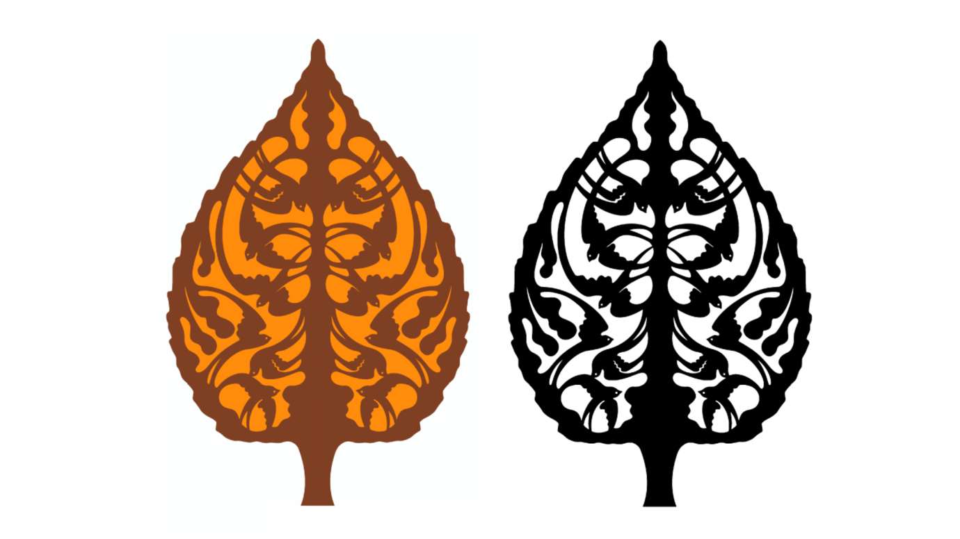 Leaf cutouts showing swallows and mulberrys