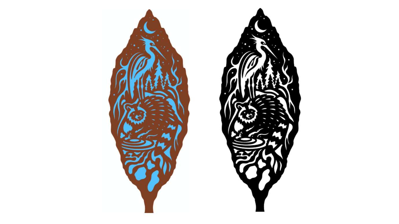 Pawpaw leaf shape with a raccoon and heron inside.