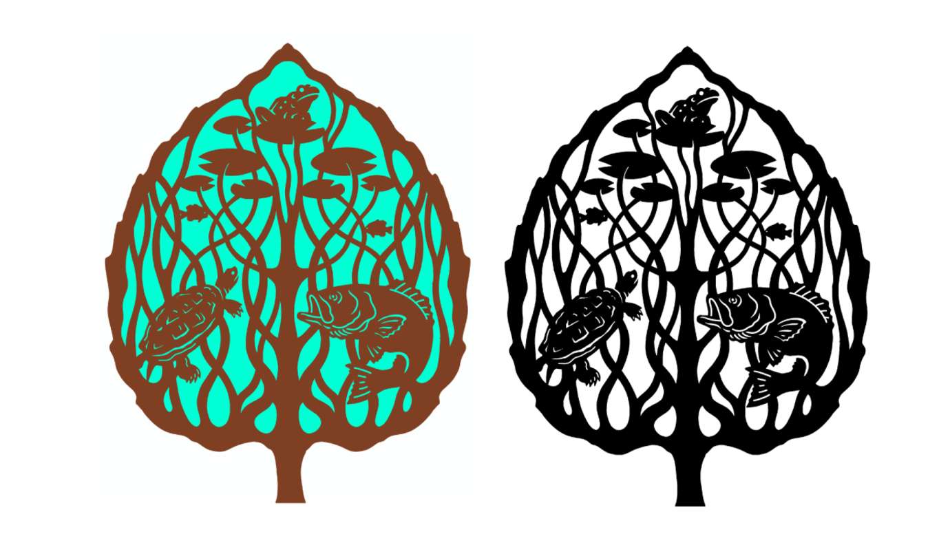 River birch leaf with a frog, turtle and bass fish inside.