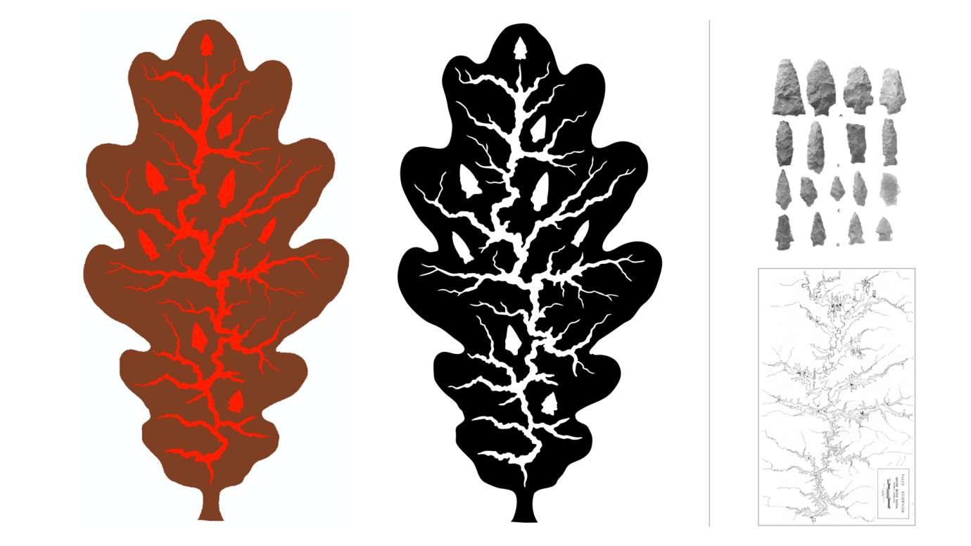 An oak leaf with the outline of the Neuse river and indigenous artifacts.