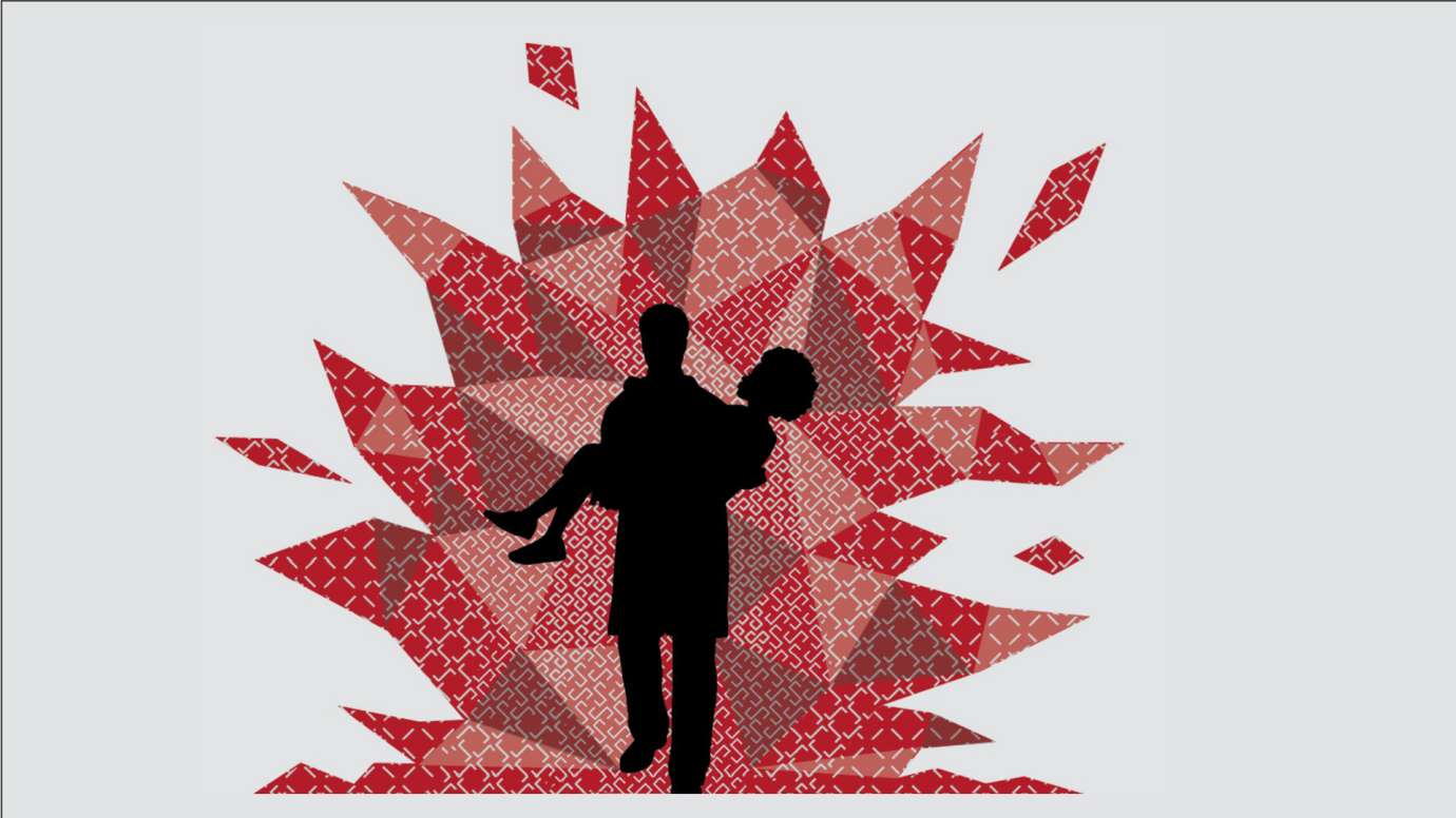 Image depicting a silhouette of a firefighter carrying a person out of a structure of abstract flame shapes