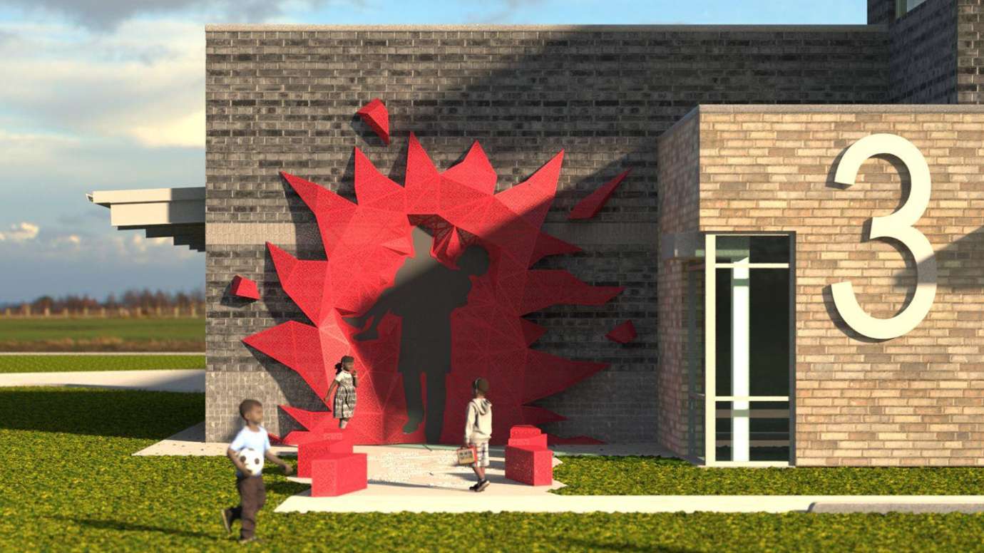 Rendering showing a red sculpture against a brick wall at a fire station