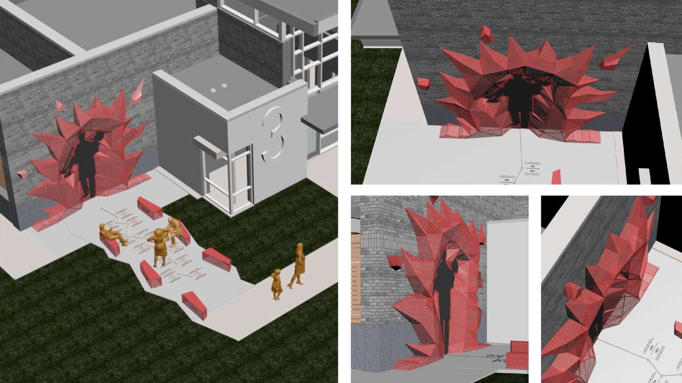 Drawings show the artwork from above and elevation view, showing a sculpture with benches