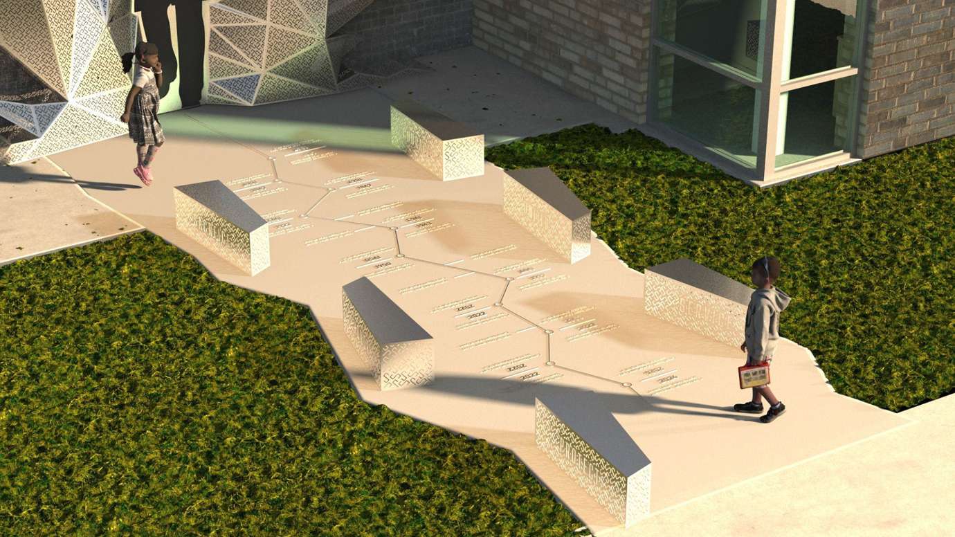 Six benches flank a timeline in the sidewalk in a plaza