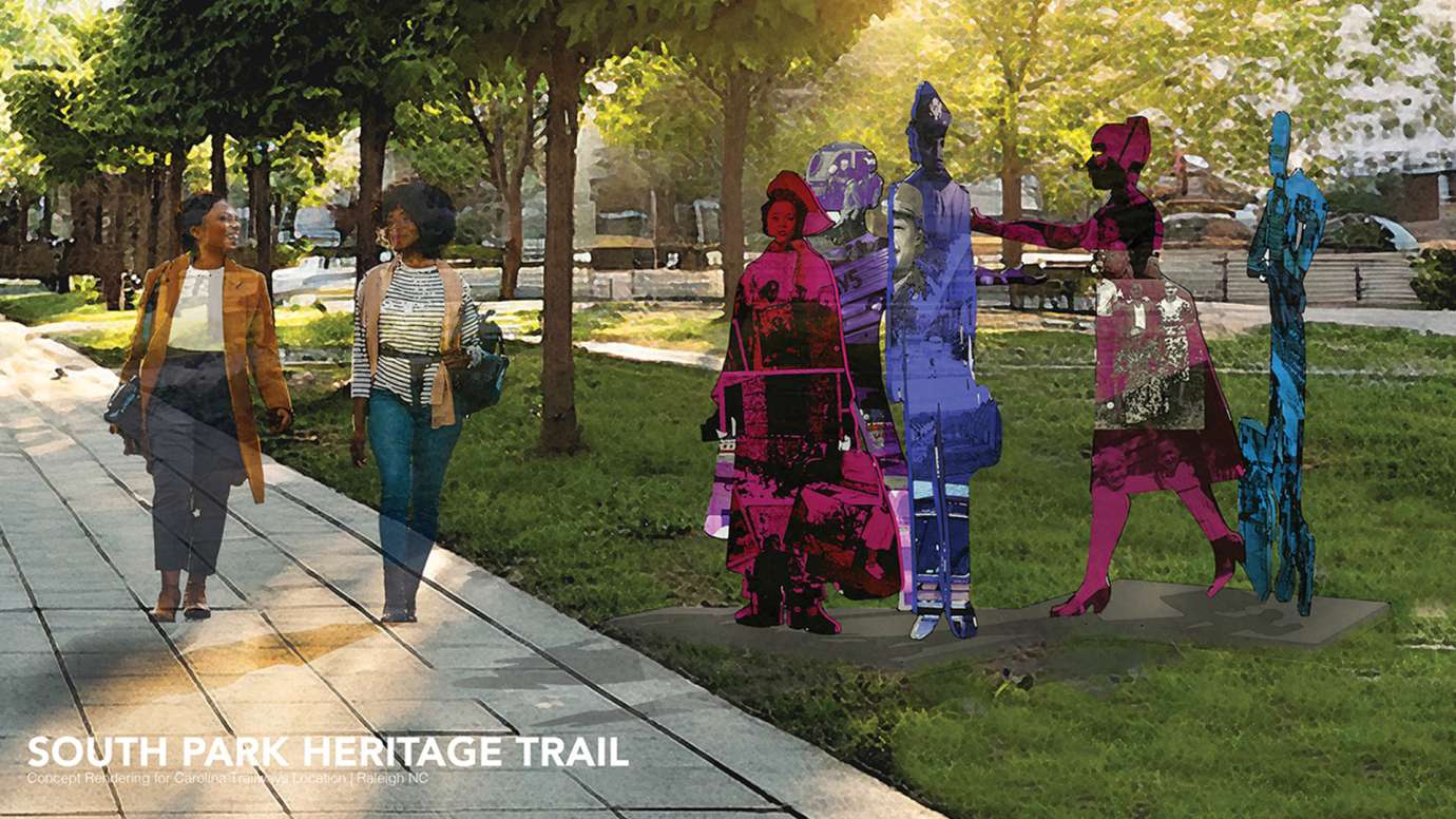 A rendering shows two women walking down a street next to a public sculpture of 5 figures interacting with each other.