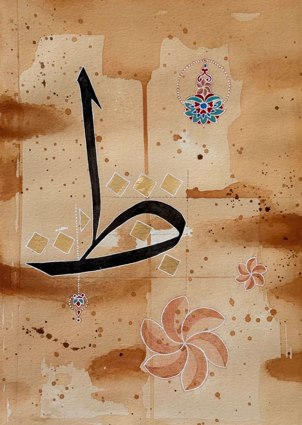 Artwork made with Ink, Tea wash, Gouache and Gold Leaf