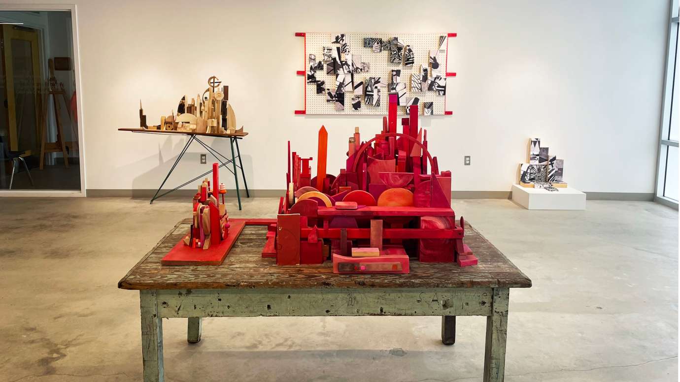 Detail of main Pullen Gallery with mixed media works by Jason Lord installed