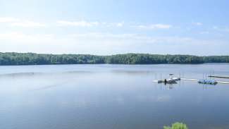 View of the Lake with a few boats.