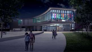 Design rendering of the future John Chavis Memorial Park community center at night