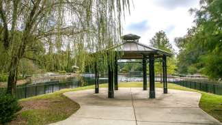 View of gazebo at Pullen Park on island with view of water