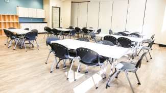One of the classroom rentals with tables and chairs at Barwell Road Park