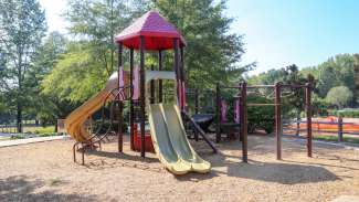 A larger playground at Buffaloe Road park with three slides, a bridge and more