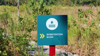 A shot of a sign that reads "bio-retention basin" at Horseshoe Farm Nature Preserve